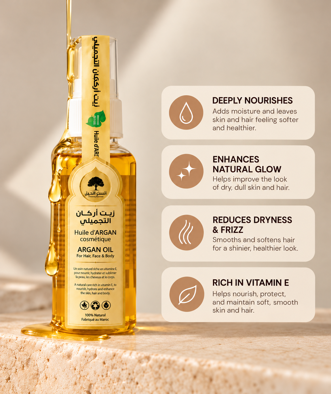 Bashra Beauty argan oil benefits infographic highlighting nourishment, natural-looking glow, reduced hair dryness and frizz, and vitamin E.