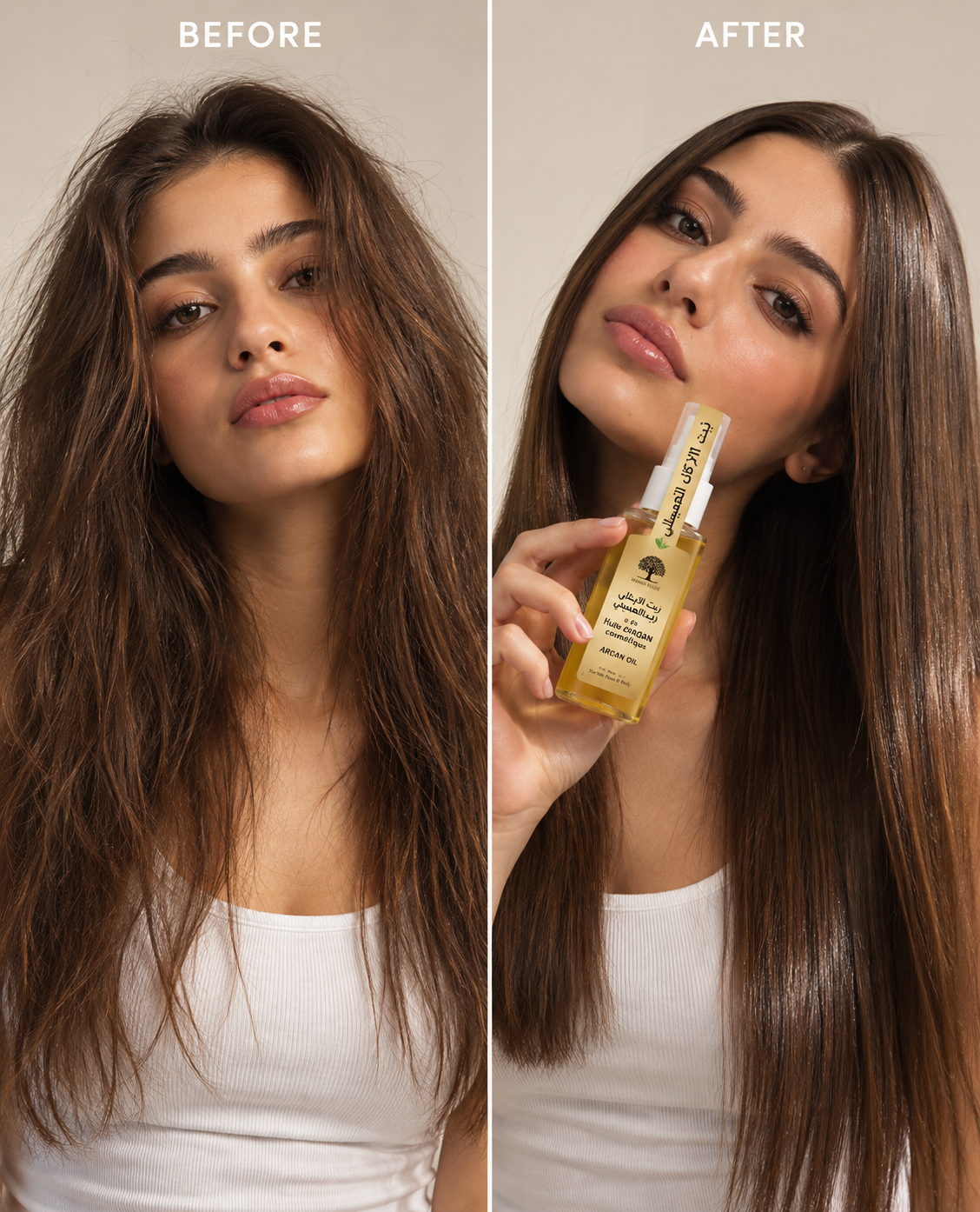 Before-and-after beauty image showing frizzy hair compared with smoother, shinier-looking hair alongside Bashra Beauty argan oil.