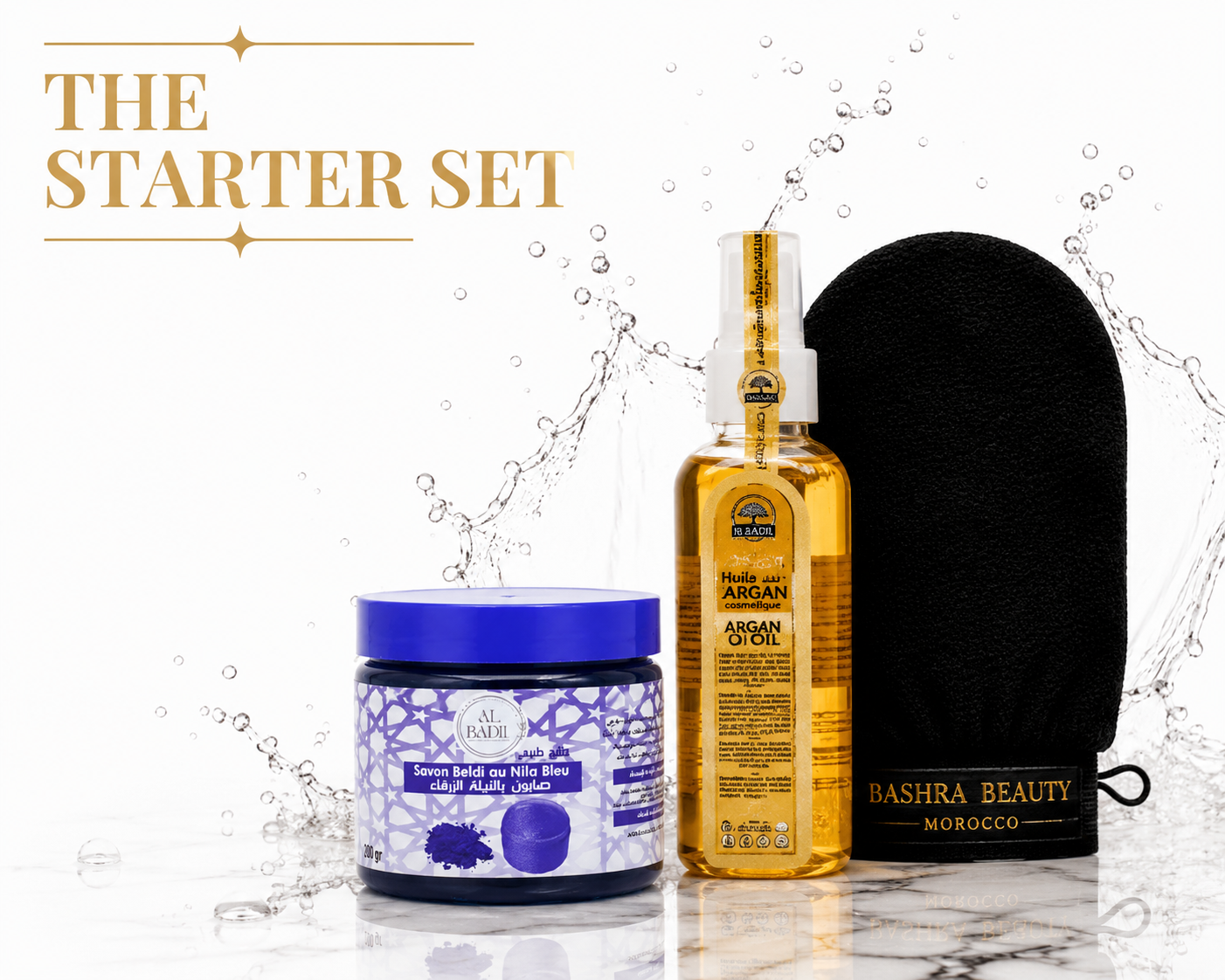 Bashra Beauty Starter Set featuring Blue Nila Beldi Soap, Moroccan Argan Oil, and a traditional Kessa exfoliating glove for deep exfoliation, brighter skin, and a luxurious Moroccan hammam ritual.