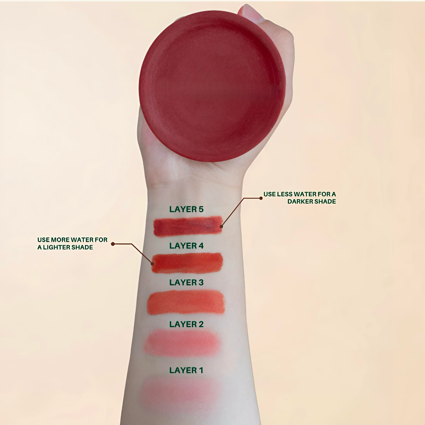 Arm swatch showing 5 buildable layers of Moroccan clay lip & cheek color, from sheer pink to deep berry red