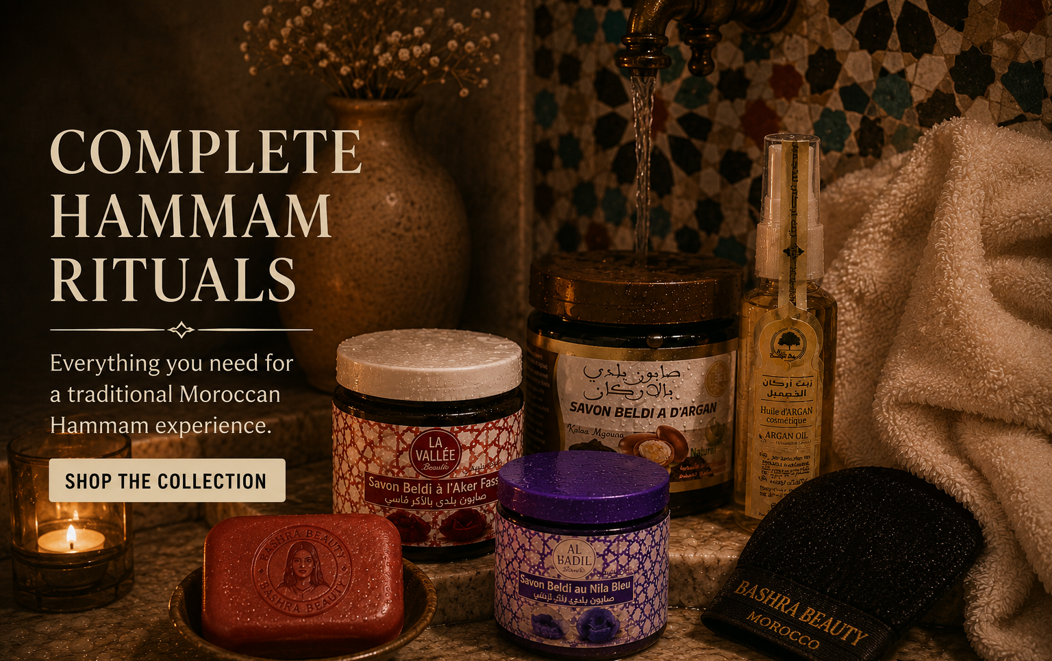 Complete Hammam Rituals collection featuring authentic Moroccan black soap, blue Nila soap, Aker Fassi soap, argan oil, and Kessa exfoliating glove for a traditional spa experience.