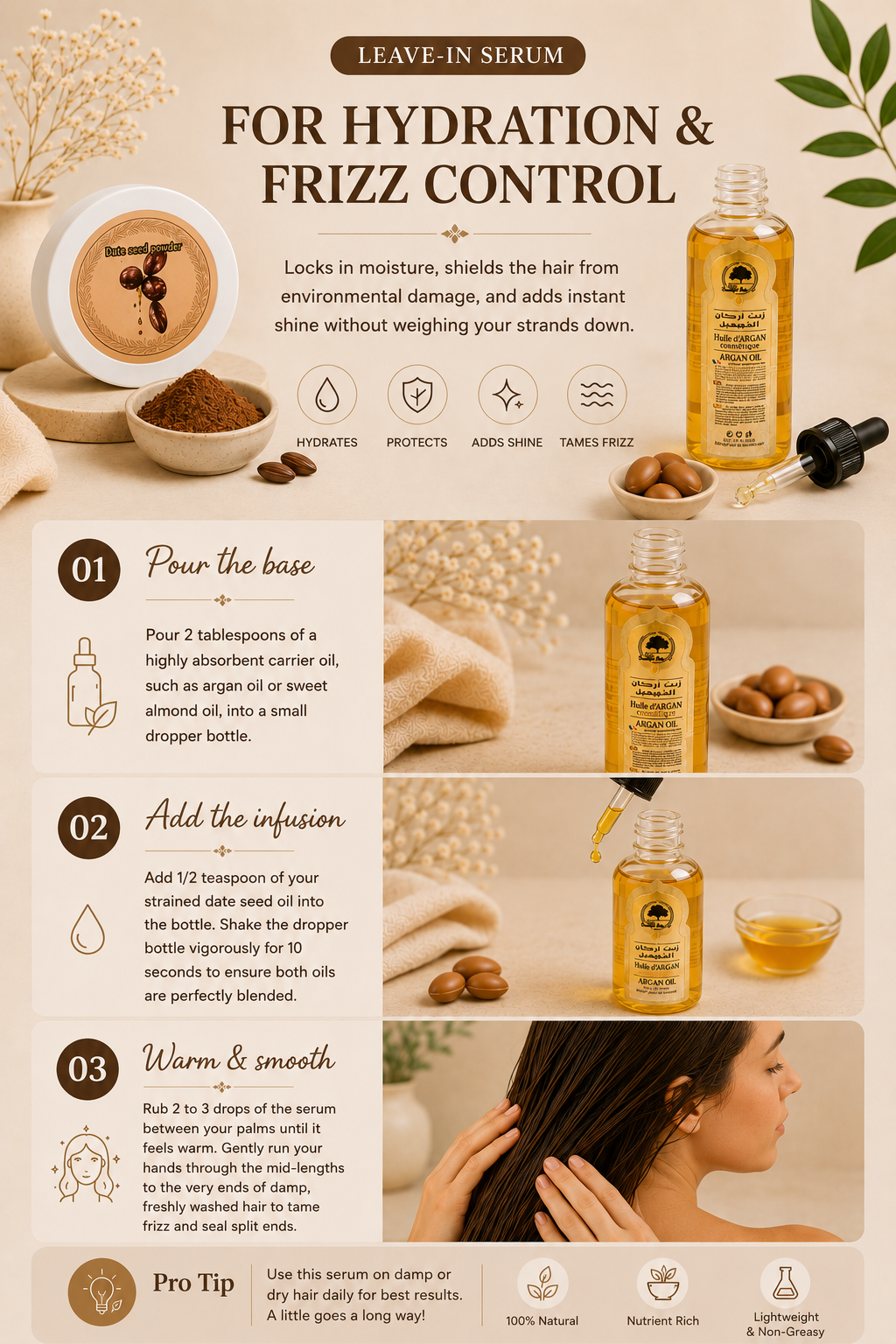 Bashra Beauty Date Seed Powder in a minimalist beige setting, a natural Moroccan hair care treatment for stronger, healthier, and more hydrated hair.