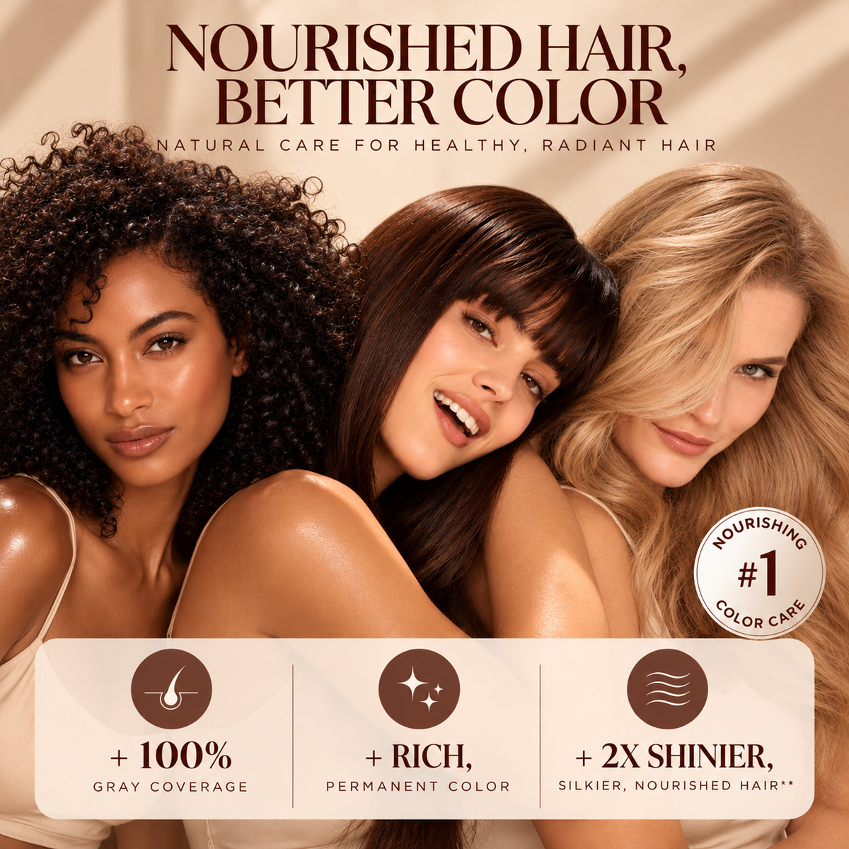 Three women with curly, brunette, and blonde hair featured in a luxury Bashra Beauty henna haircare graphic highlighting gray coverage, rich permanent color, and shinier-looking hair.