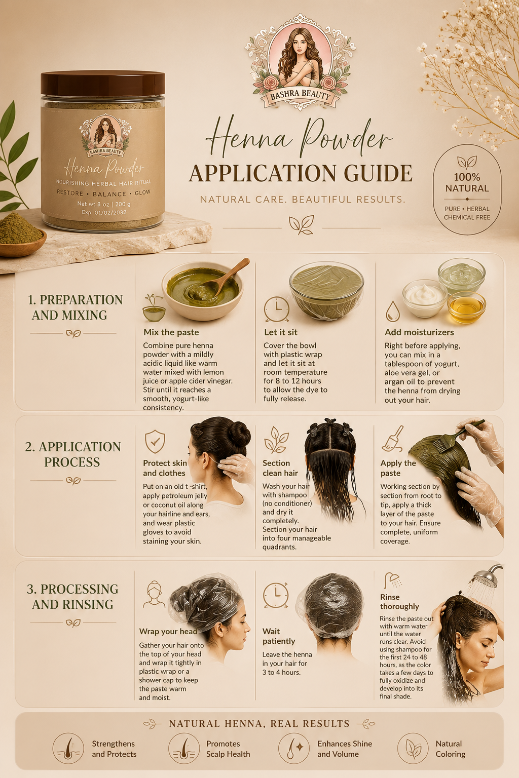 Step-by-step guide showing how to prepare, apply, and rinse Bashra Beauty Henna Powder for stronger, healthier, naturally conditioned hair.
