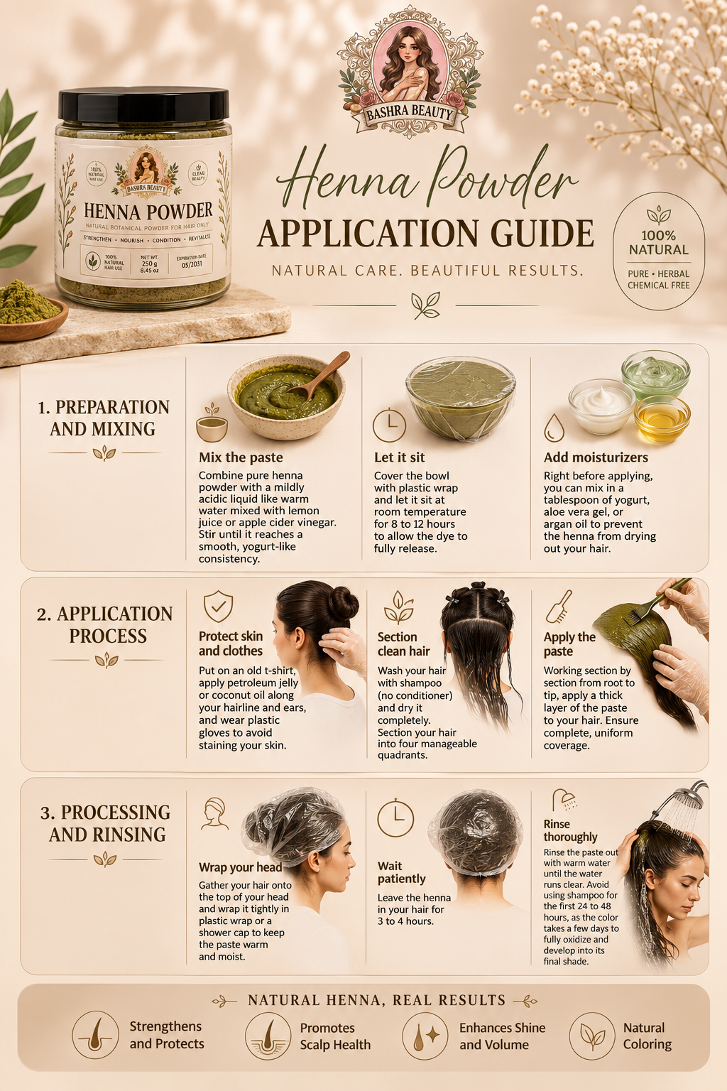 Step-by-step application guide for Bashra Beauty Henna Powder showing preparation, mixing, application, processing, rinsing, and hair care benefits for healthy hair.