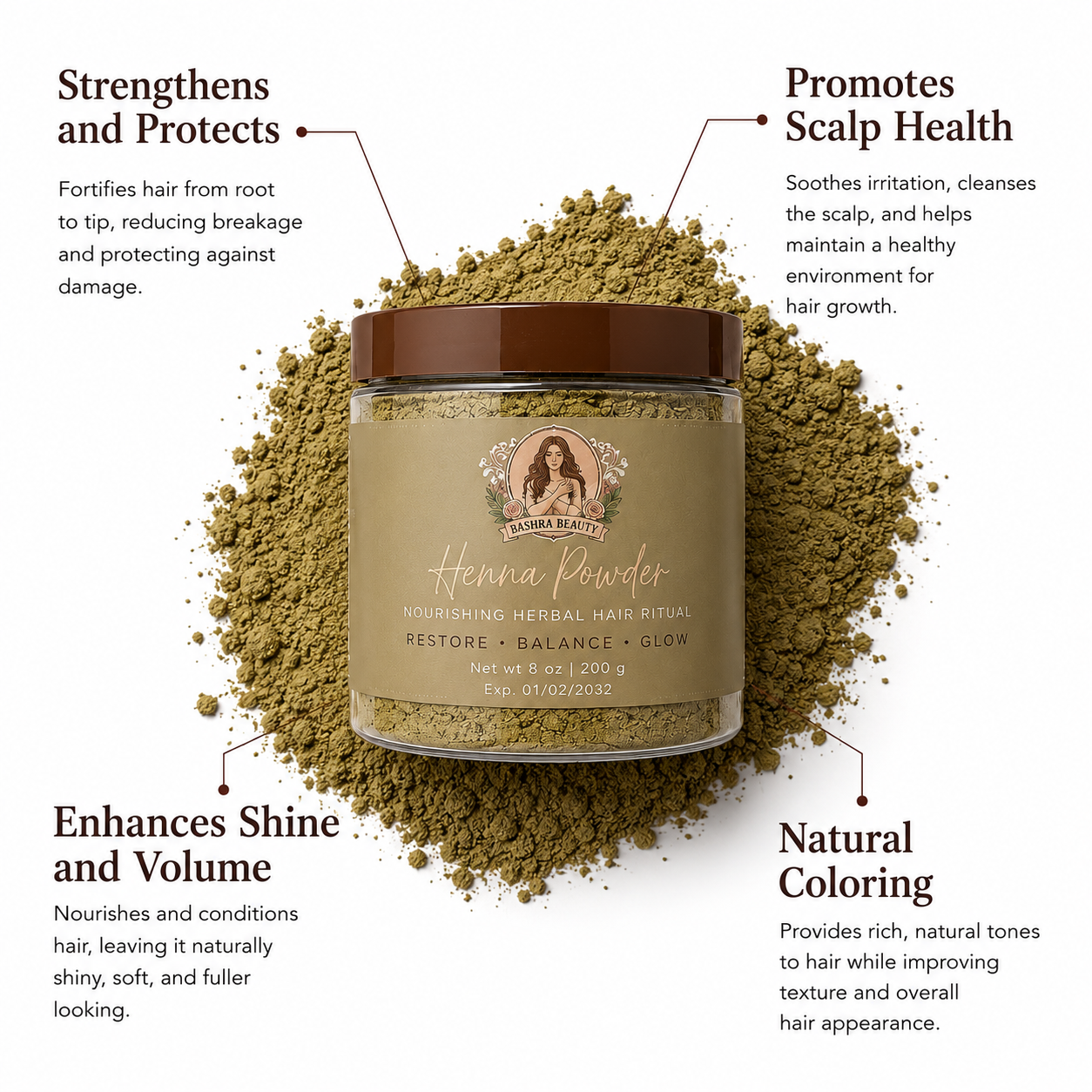 Henna Powder benefits infographic showing strengthening and protecting hair, promoting scalp health, enhancing shine and volume, and providing natural hair color with Bashra Beauty Henna Powder.