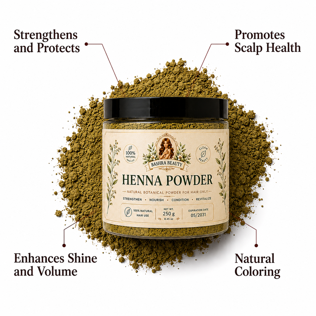 Bashra Beauty Henna Powder with natural botanical ingredients that strengthen and protect hair, promote scalp health, enhance shine and volume, and provide natural coloring.