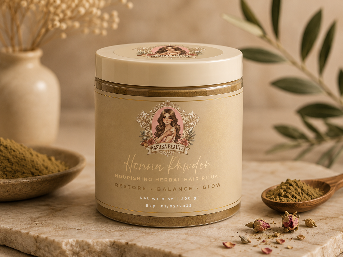 Bashra Beauty Henna Powder herbal hair treatment made with natural henna to strengthen hair, promote scalp health, enhance shine and volume, and provide natural hair coloring.