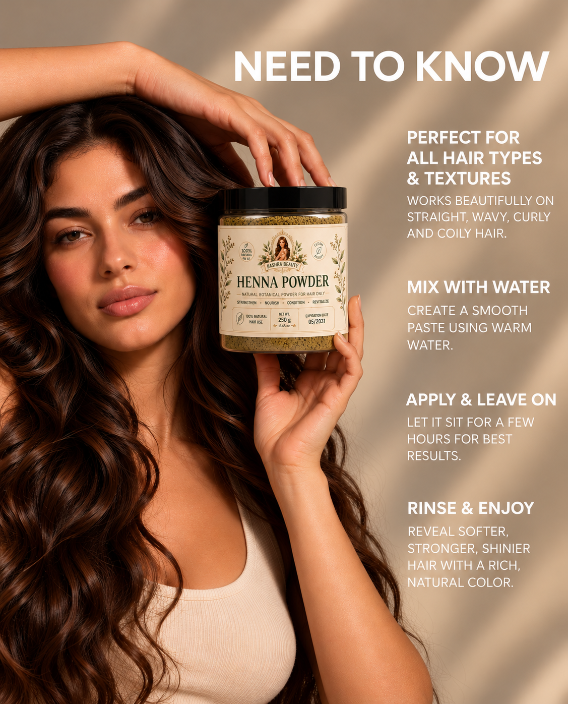 A woman with long, glossy dark brown hair holding Bashra Beauty Henna Powder beside instructions explaining hair type suitability, mixing the powder with warm water, application time, and rinsing.