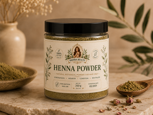 Bashra Beauty Henna Powder 250g natural botanical hair treatment that strengthens, nourishes, conditions, and revitalizes hair for healthier growth.