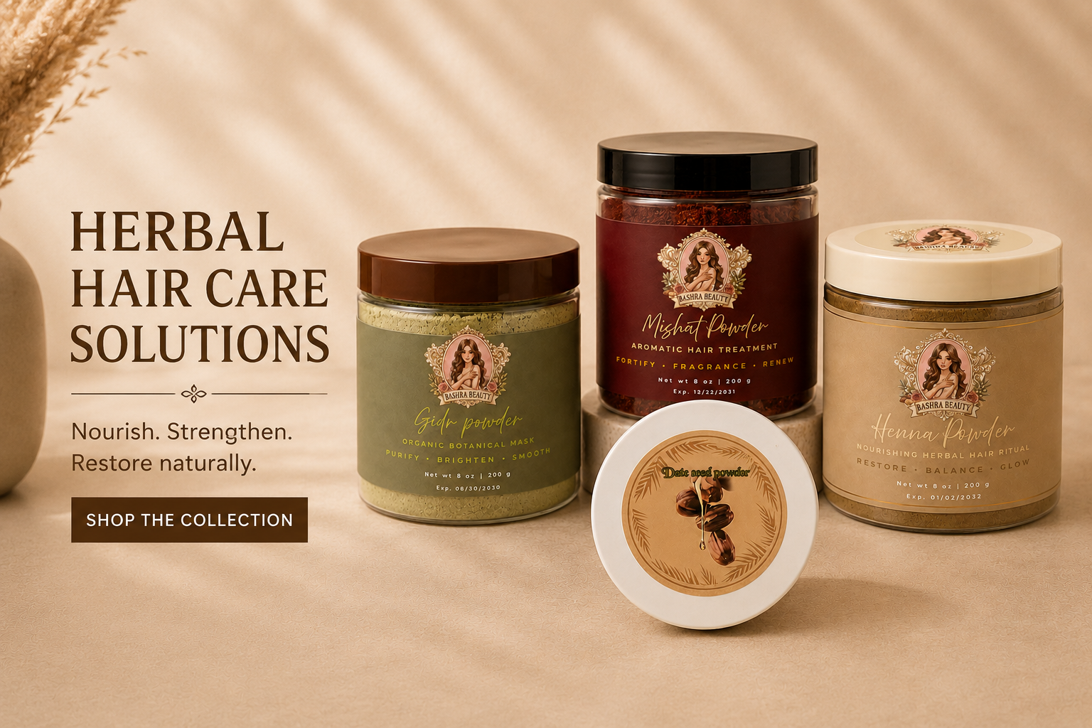 Bashra Beauty Herbal Hair Care Solutions collection featuring traditional Moroccan herbal powders for healthy, stronger, and naturally nourished hair.