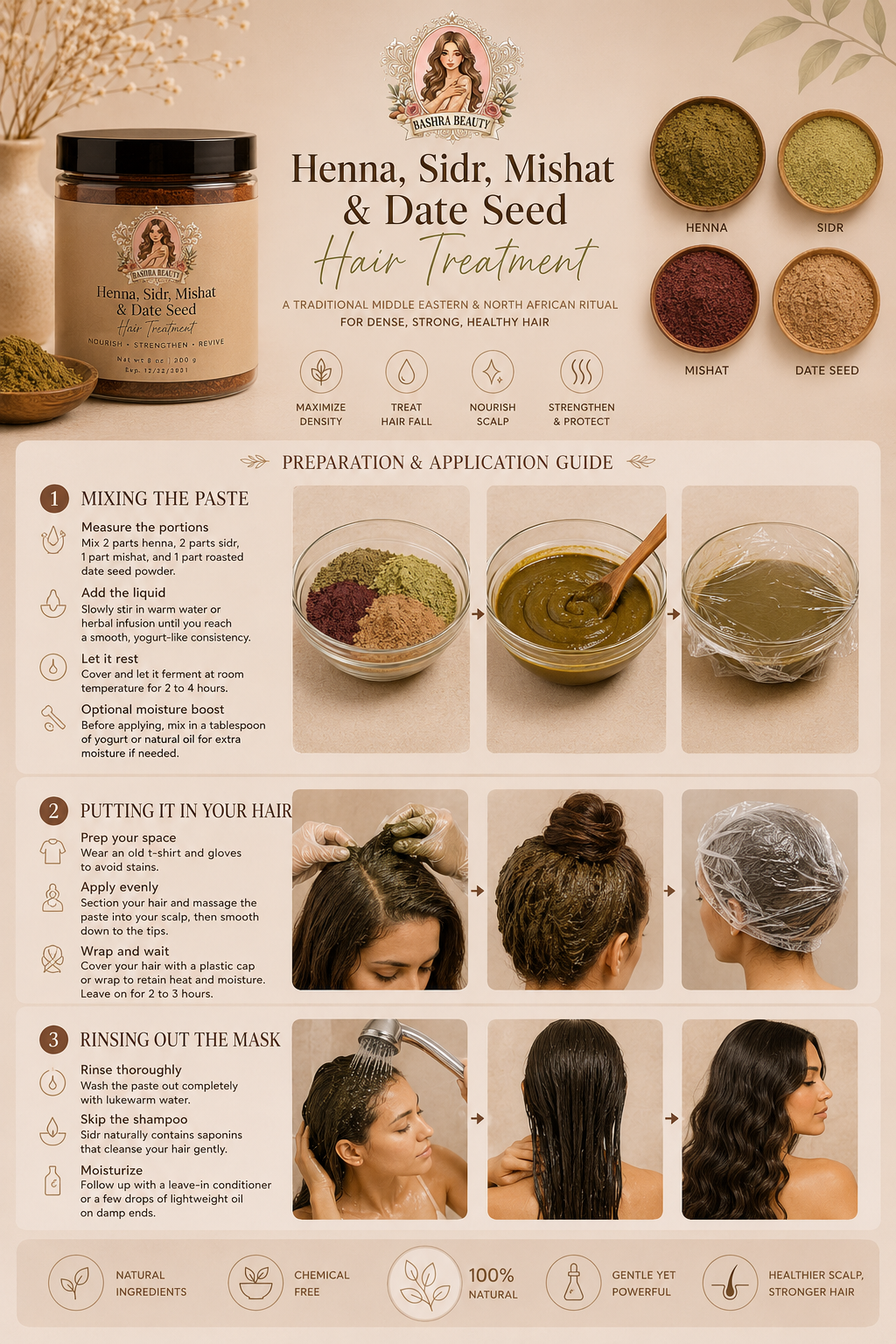 Complete application guide for Bashra Beauty's traditional herbal hair treatment using henna, sidr, mishat, and date seed powder to nourish the scalp, strengthen hair, reduce hair fall, and improve density.