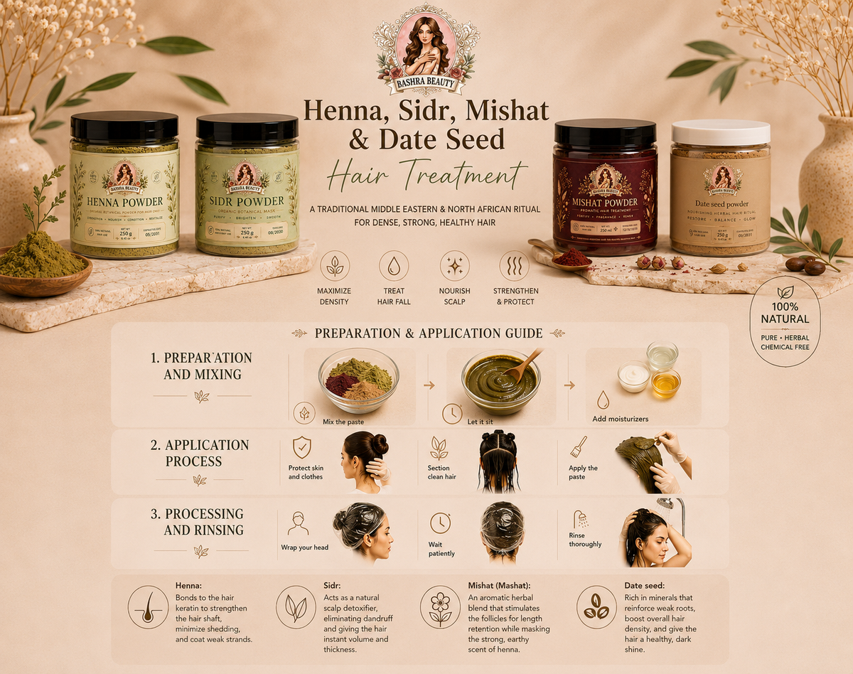 Bashra Beauty herbal hair treatment guide featuring Henna Powder, Sidr Powder, Mishat Powder, and Date Seed Powder with preparation, application, and rinsing instructions for stronger, healthier hair.