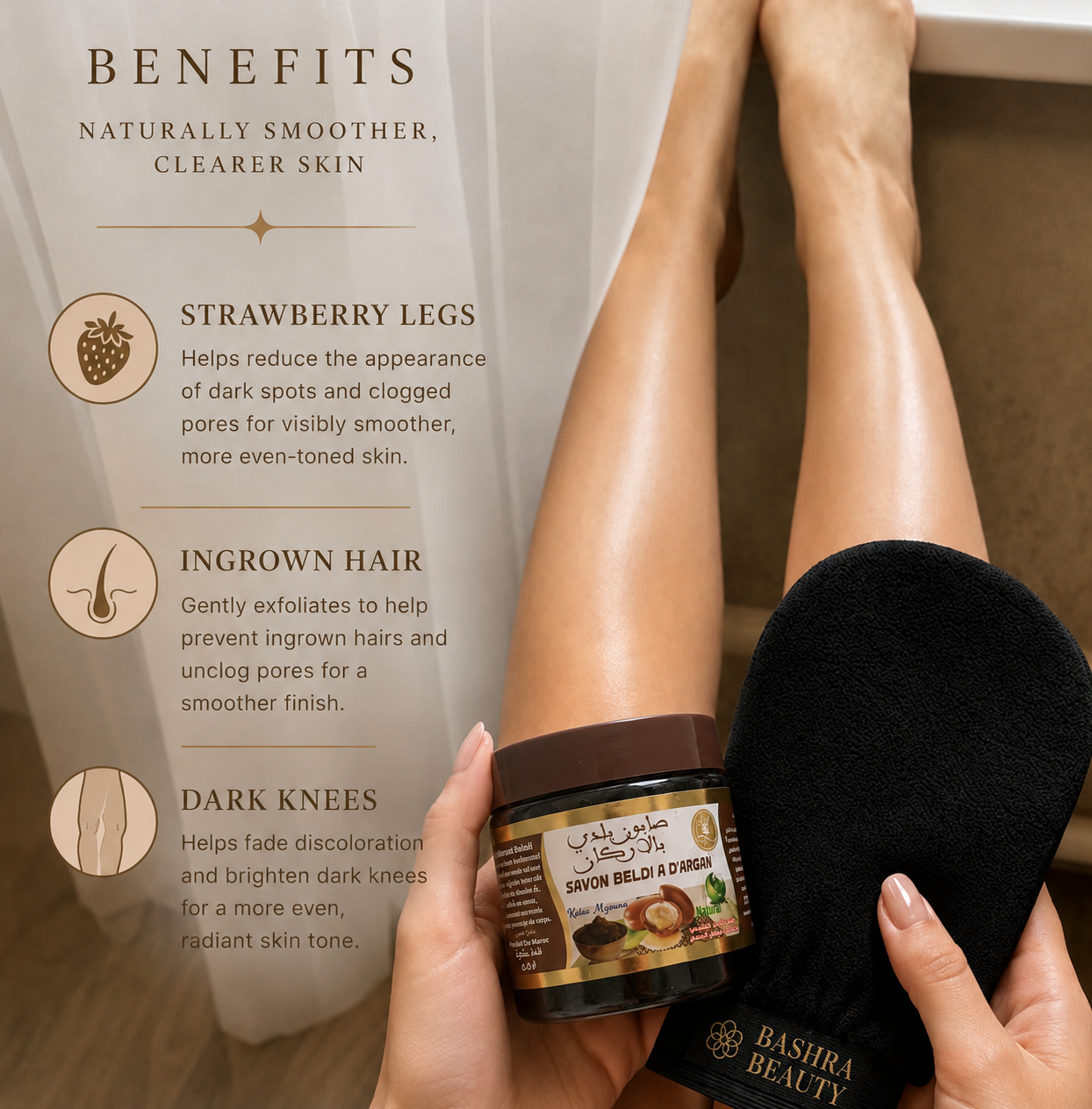 Bashra Beauty Moroccan Beldi Soap with traditional Kessa exfoliating glove for smoother skin, reducing strawberry legs, ingrown hairs, and dark knees.