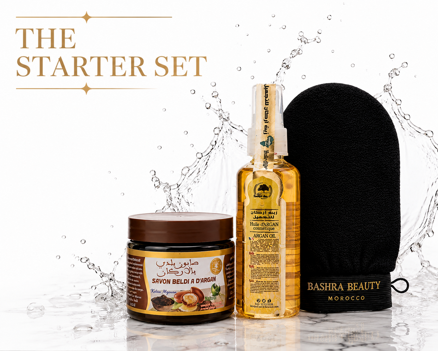 Bashra Beauty Moroccan Hammam Starter Set featuring authentic Beldi Soap, Argan Oil, and a traditional Kessa exfoliating glove for smooth, radiant, healthy-looking skin.