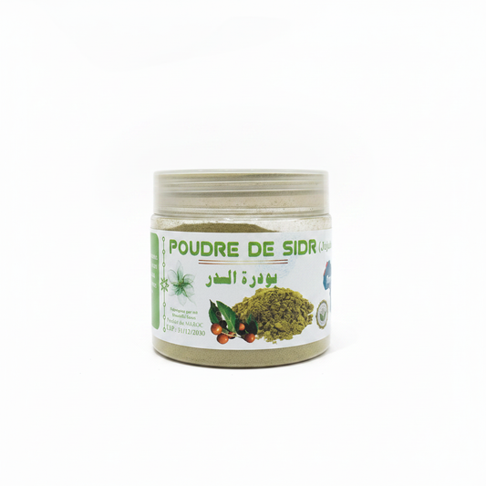 Pure organic Sidr powder jar side view – natural hair and skin cleanser by Bashra Beauty