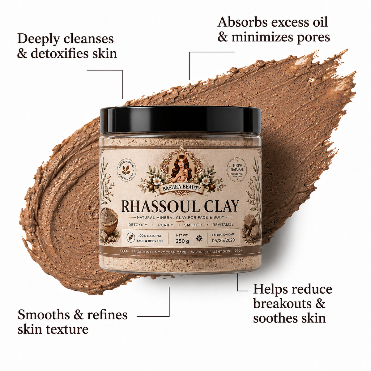 Infographic featuring Bashra Beauty Rhassoul Clay highlighting its skincare benefits, including deep cleansing, oil absorption, pore minimizing, smoother skin texture, and helping reduce breakouts for healthier-looking skin.