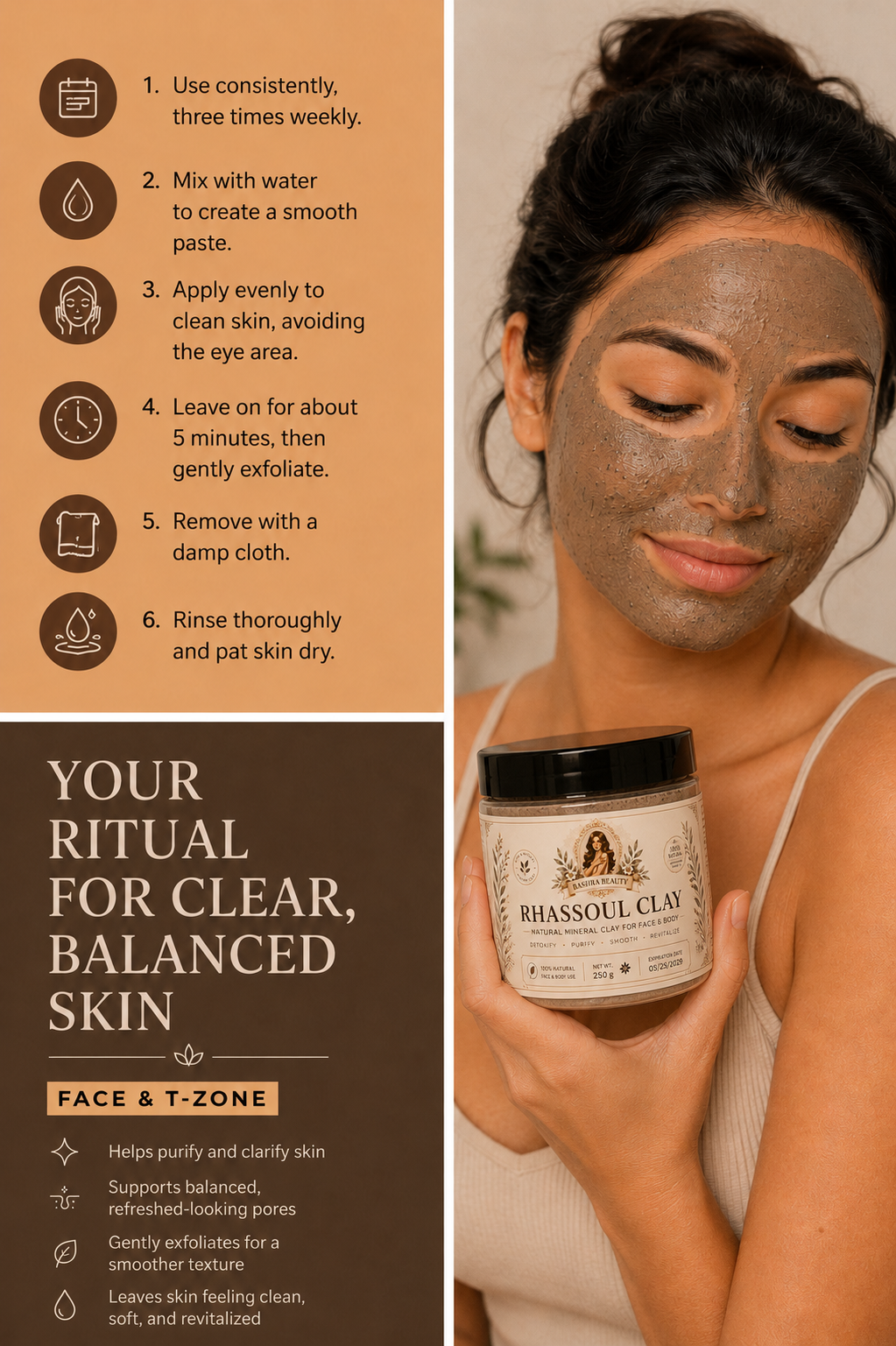 Woman wearing a Rhassoul clay face mask while holding Bashra Beauty Rhassoul Clay, a natural Moroccan mineral clay for face and body that helps purify pores, exfoliate dead skin, and promote smoother, healthier-looking skin.