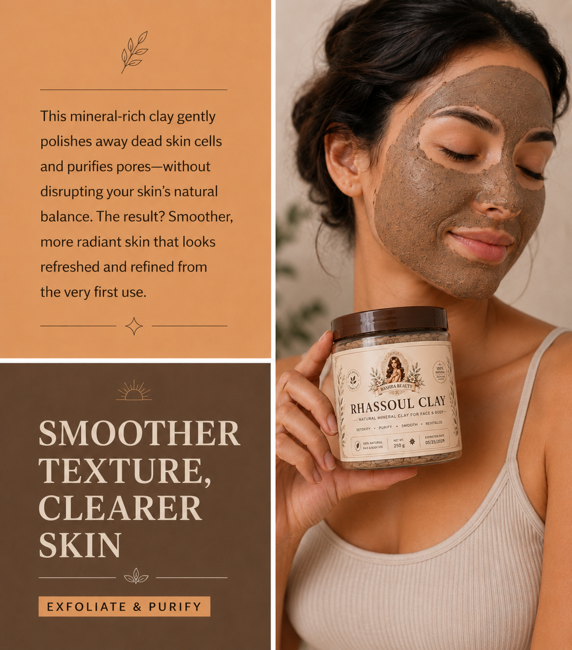 Bashra Beauty Rhassoul Clay product label featuring natural Moroccan mineral clay for face and body, made with 100% natural ingredients to help detoxify, purify, smooth, and revitalize the skin.