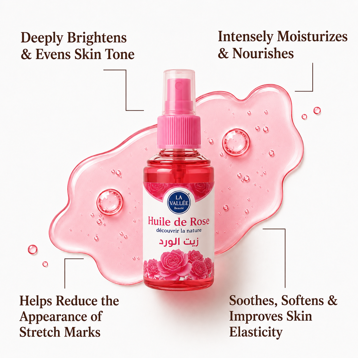 Bashra Beauty Moroccan Rose Oil highlighting key benefits including brighter skin, deep hydration, improved elasticity, and reduced appearance of stretch marks.