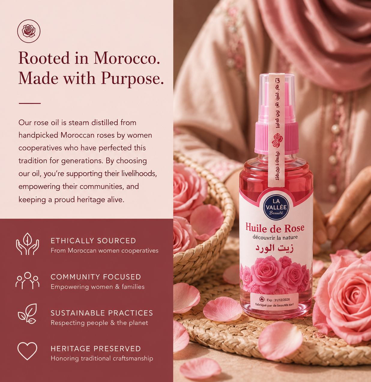 Bashra Beauty Moroccan Rose Oil inspired by traditional Moroccan rose harvesting, ethically sourced and crafted for premium natural skincare.