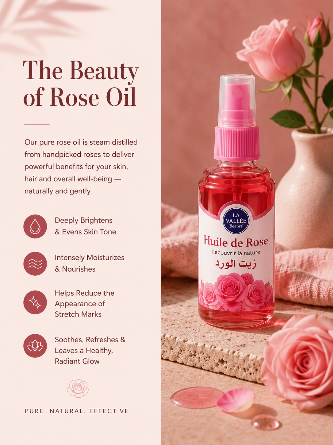 Bashra Beauty Moroccan Rose Oil with fresh pink roses, showcasing natural skincare benefits for hydration, skin brightening, and a healthy glow.