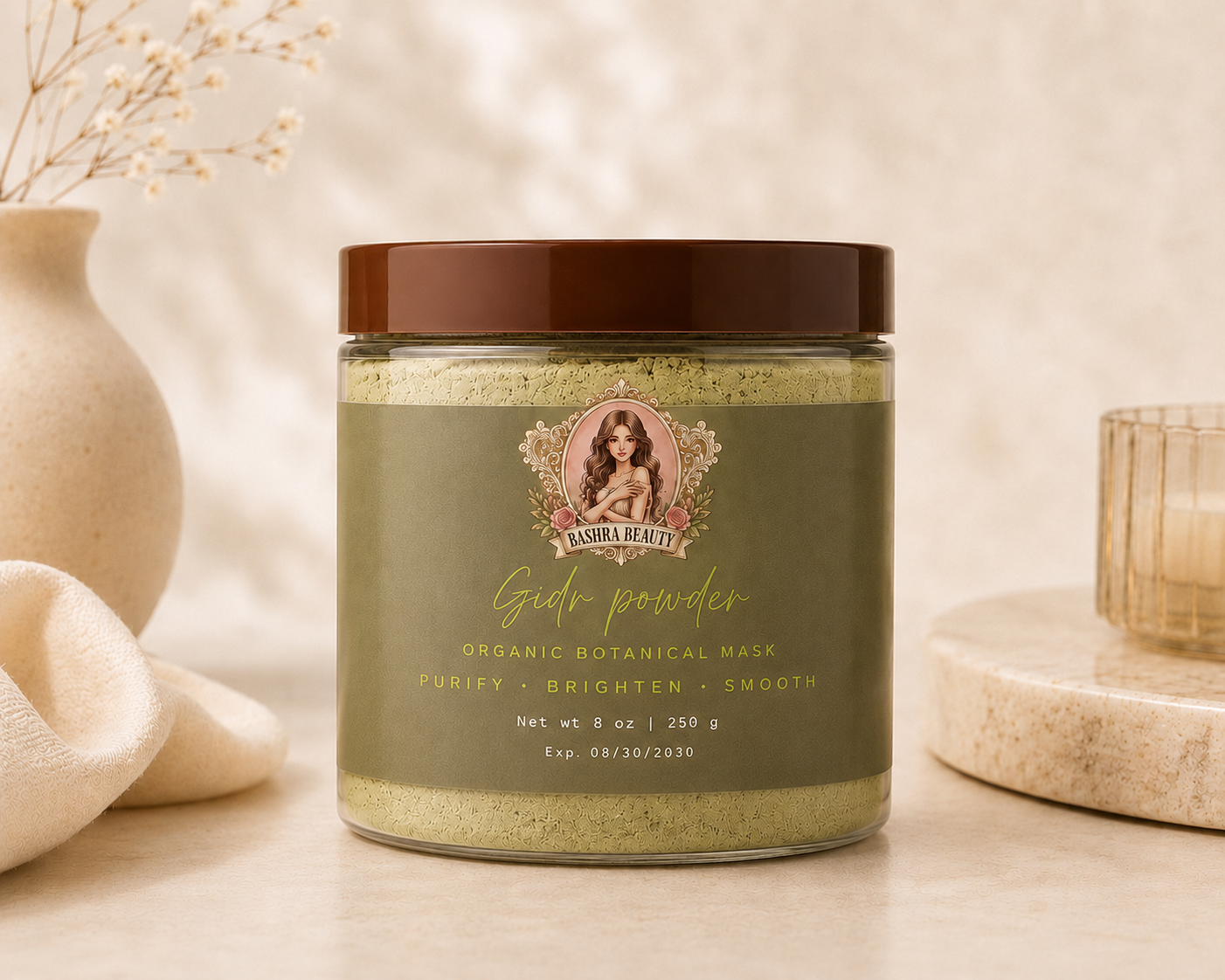 Bashra Beauty Sidr Powder organic botanical mask in an 8 oz jar for natural skin and hair care.