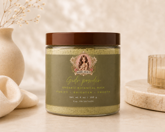 Bashra Beauty Sidr Powder organic botanical mask in an 8 oz jar for natural skin and hair care.