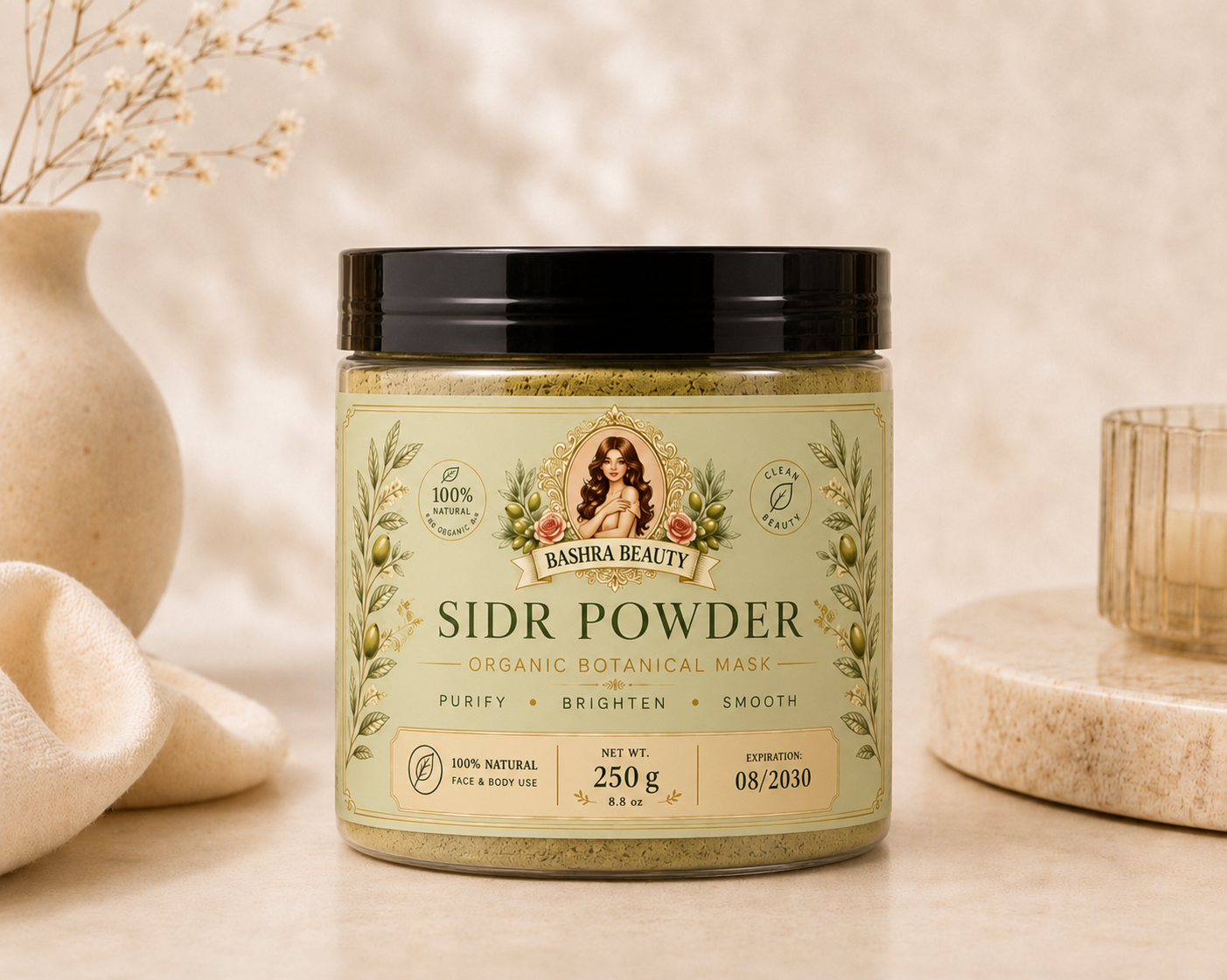 Bashra Beauty Sidr Powder organic botanical mask jar displayed in a warm, neutral skincare setting.