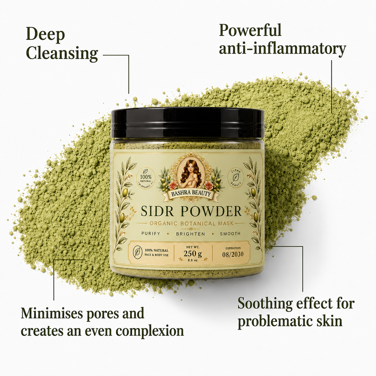 Bashra Beauty Sidr Powder with green powder and benefits including deep cleansing, pore care, and soothing problematic skin.