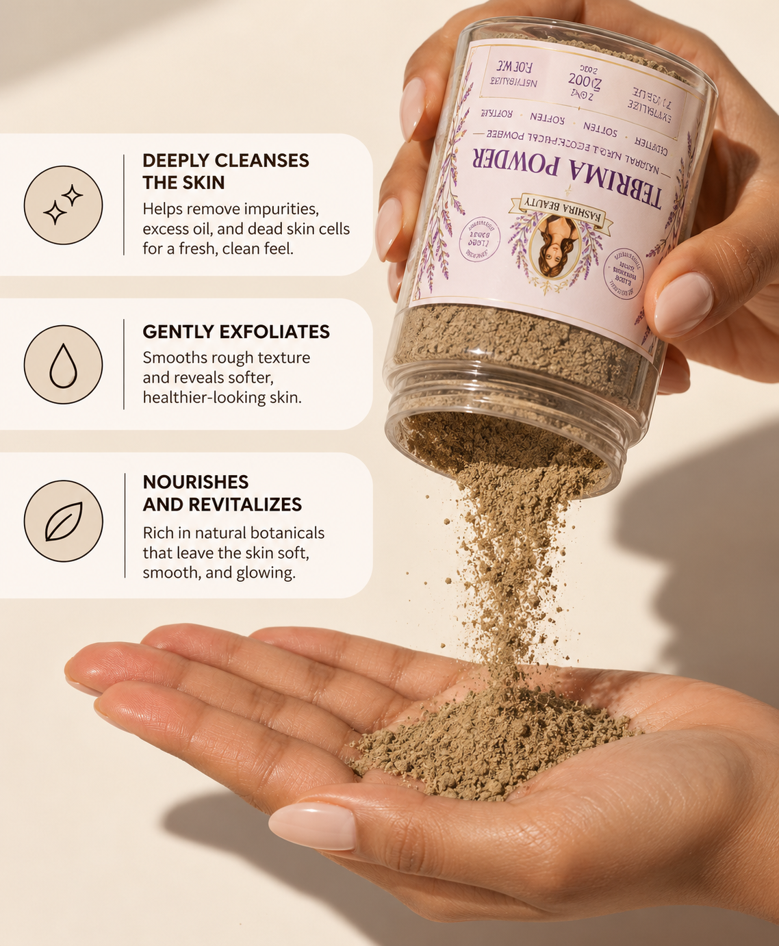 Hands pouring fine brown Tebrima botanical body powder into an open palm, illustrating its texture and body-care use.