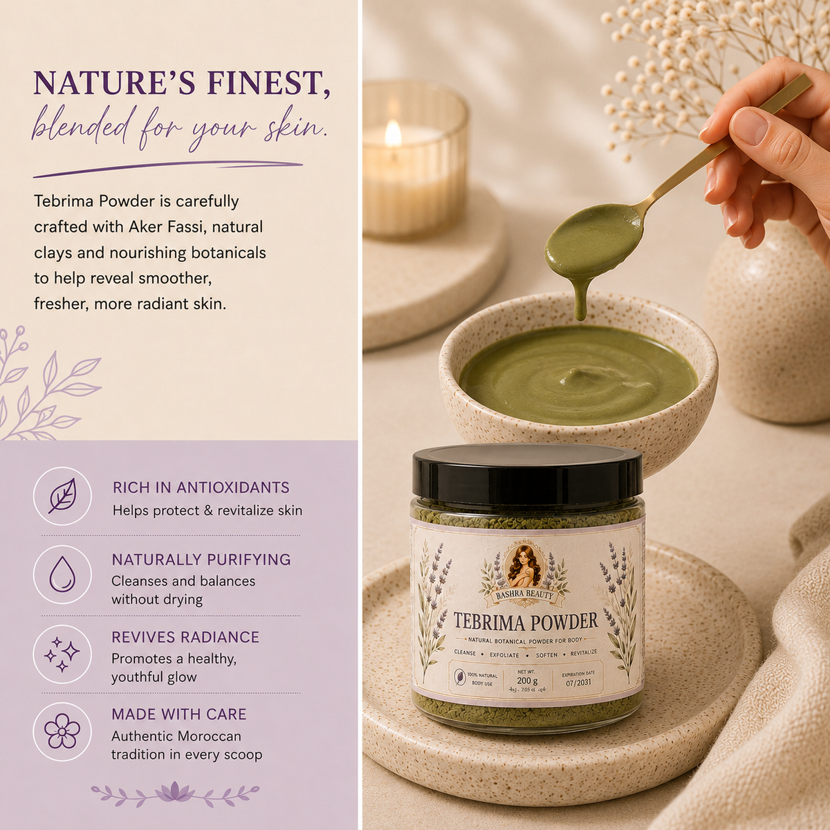 Creamy green Tebrima Powder mask being mixed in a ceramic bowl beside Bashra Beauty Tebrima Powder, showcasing the smooth herbal body mask before application.