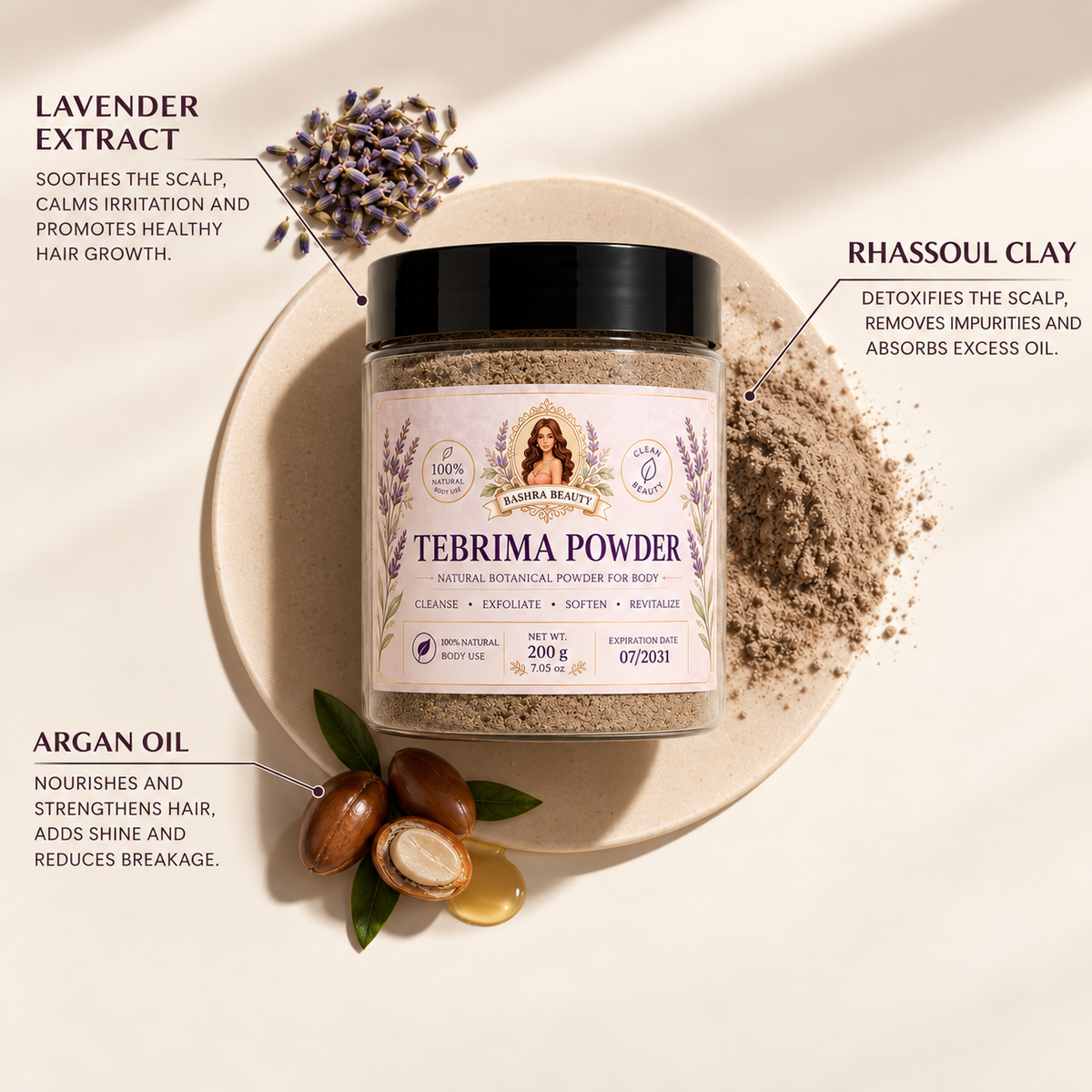 Bashra Beauty Tebrima Powder with ingredient callouts featuring lavender, rhassoul clay, and argan oil on a warm beige background.