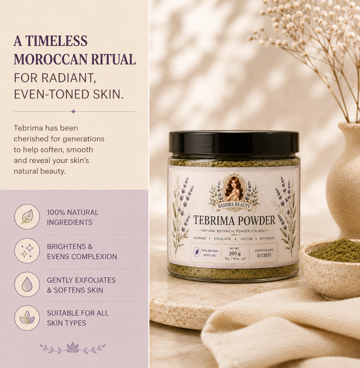 Bashra Beauty Tebrima Powder natural botanical body powder displayed on a stone tray with green herbal powder, inspired by traditional Moroccan skincare rituals.