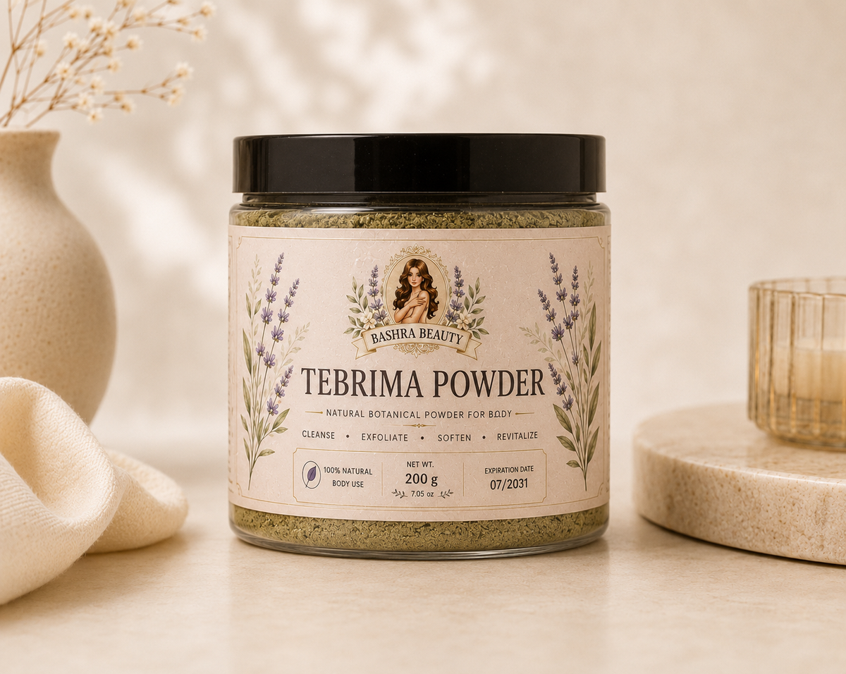 Bashra Beauty Tebrima Powder natural botanical body powder in a premium jar with lavender-inspired packaging, displayed in a clean, minimalist spa setting.