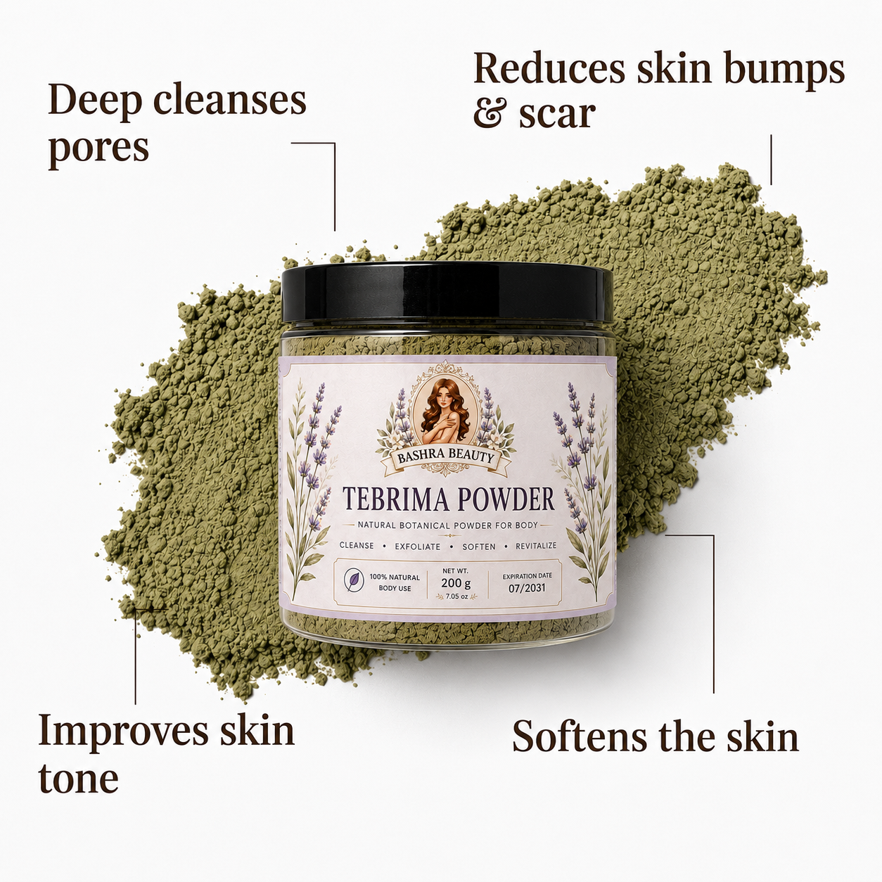 Bashra Beauty Tebrima Powder with natural green botanical powder highlighting benefits including deep pore cleansing, improving skin tone, reducing the appearance of skin bumps and scars, and softening the skin.