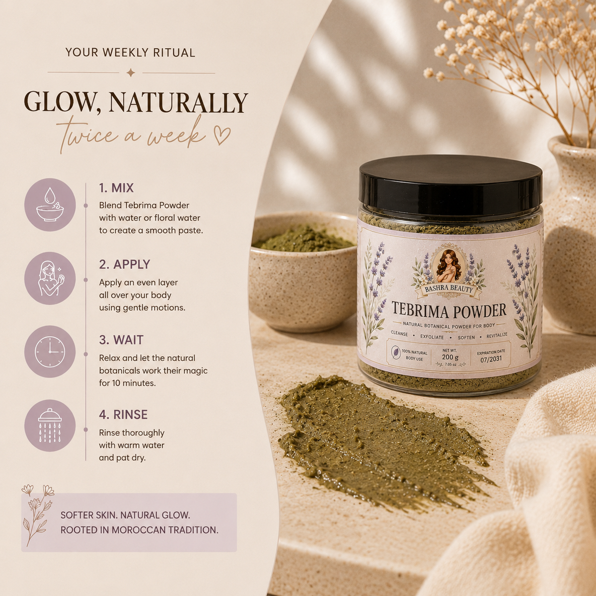 Step-by-step guide showing how to use Bashra Beauty Tebrima Powder by mixing with water, applying evenly, waiting 10 minutes, and rinsing for naturally soft, glowing skin.