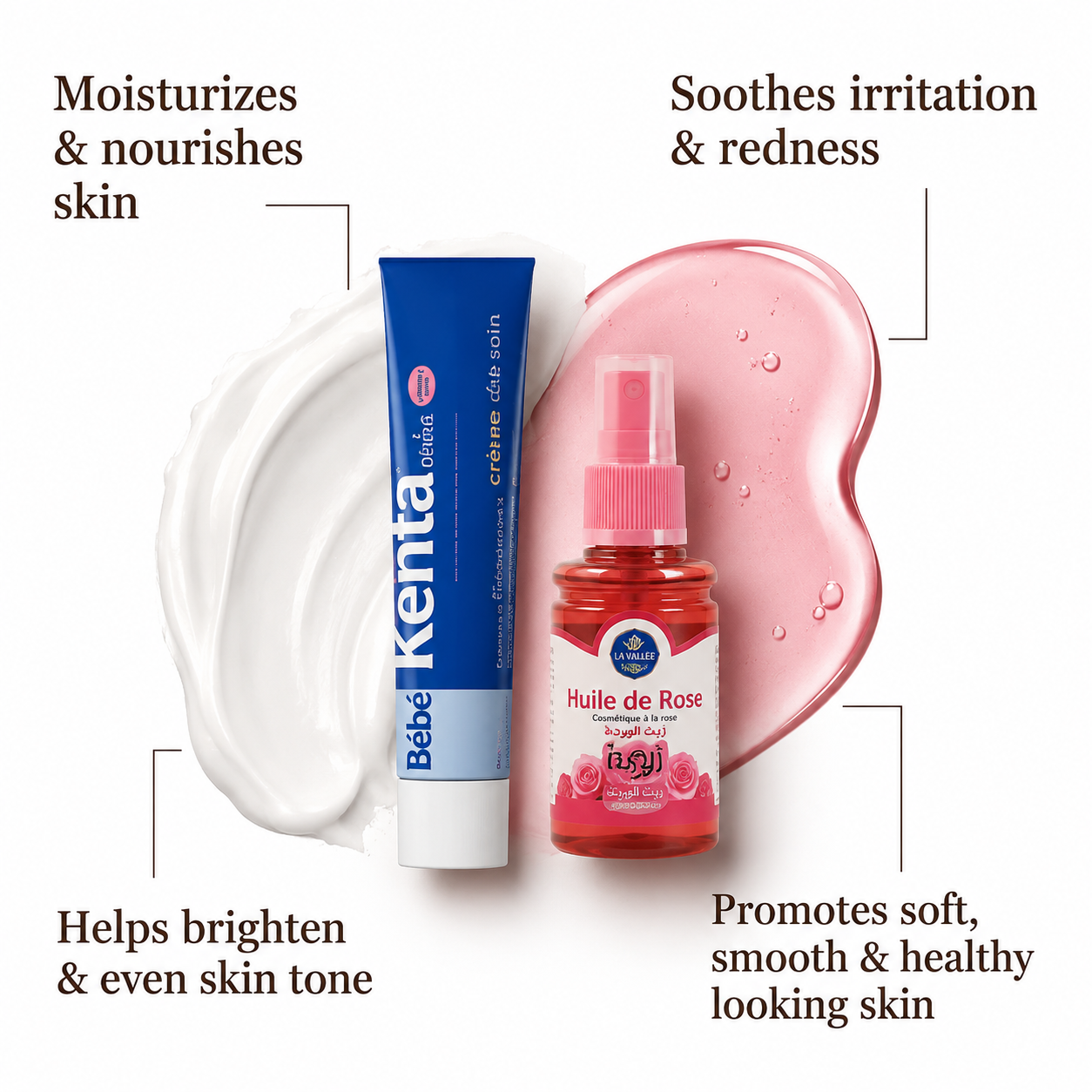 Bashra Beauty Ultimate Brightening Duo with Kenta Cream and Moroccan Rose Oil, a nourishing skincare pair designed to moisturize, brighten, and enhance the skin's natural glow.