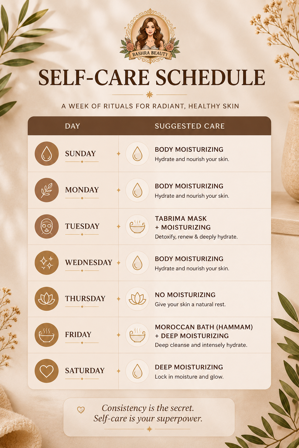 Bashra Beauty weekly self-care schedule featuring a recommended Moroccan skincare routine with body moisturizing, Tabrima mask, Moroccan Hammam, and deep hydration for healthy, radiant skin.