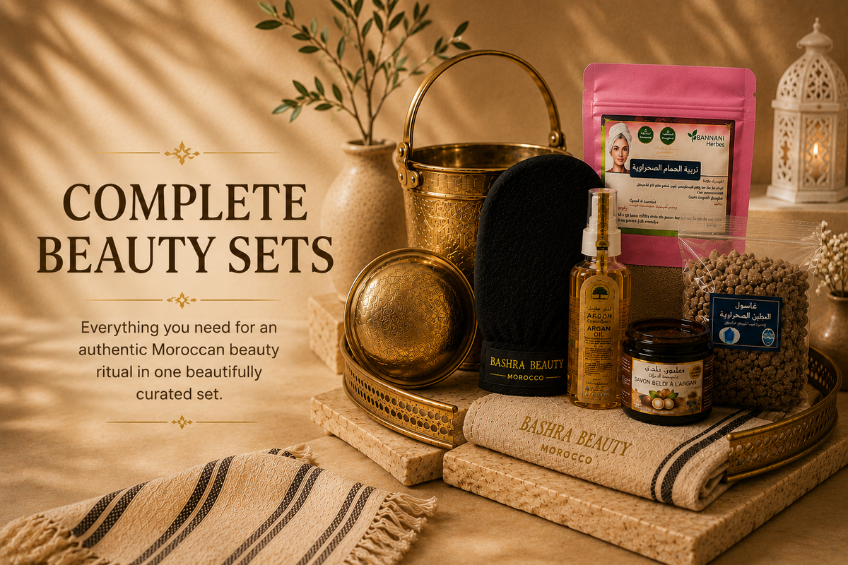 Complete Moroccan Beauty Sets with authentic Hammam essentials including argan oil, Moroccan black soap, ghassoul clay, kessa glove, and traditional spa accessories.
