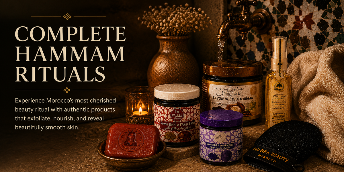 Complete Moroccan Hammam Rituals featuring authentic Moroccan black soaps, argan oil, nila soap, and a kessa glove for a luxurious at-home spa experience.