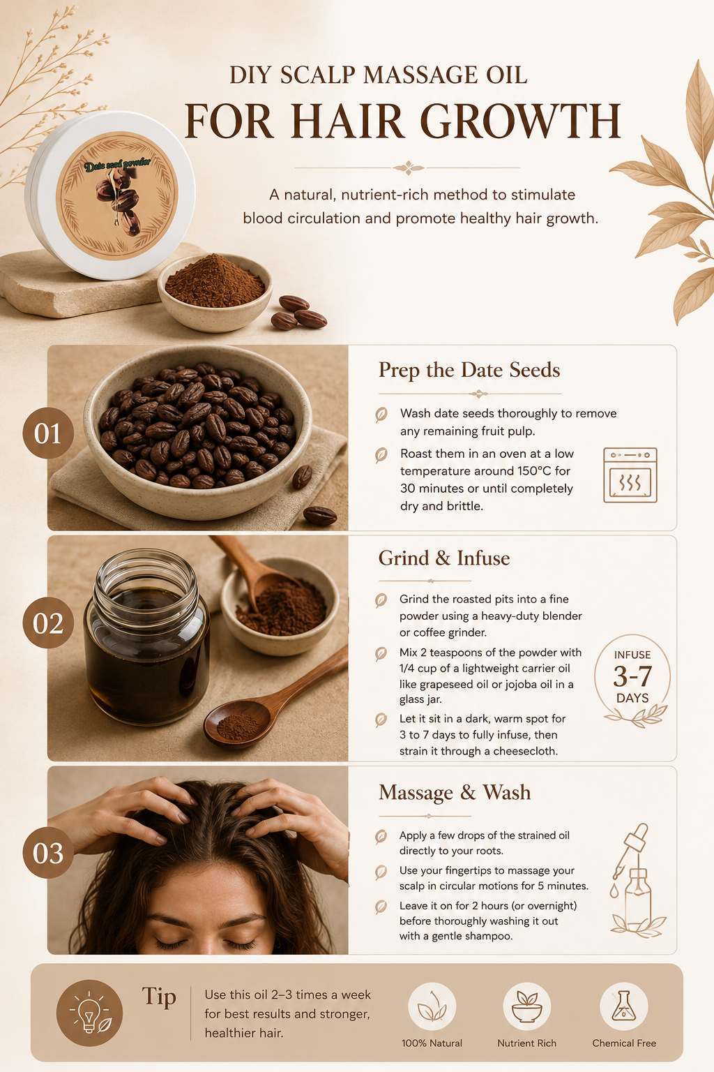 Step-by-step tutorial for creating a deep conditioning hair mask with Date Seed Powder, honey, yogurt, or avocado to strengthen hair and reduce breakage.