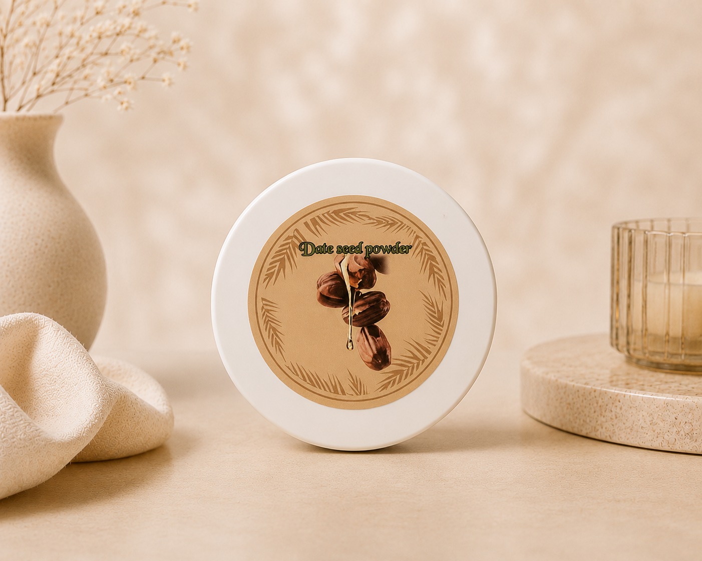 Date Seed Powder hair treatment highlighting its benefits including stimulating hair growth, strengthening hair, preventing breakage, deeply hydrating hair, and soothing the scalp.