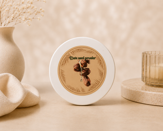 Date Seed Powder hair treatment highlighting its benefits including stimulating hair growth, strengthening hair, preventing breakage, deeply hydrating hair, and soothing the scalp.