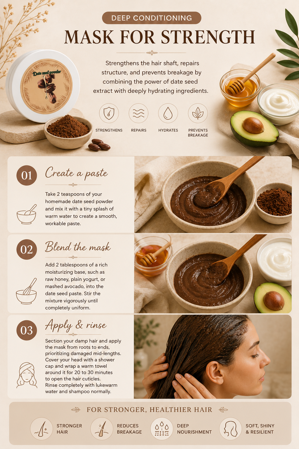 DIY leave-in hair serum made with Date Seed Powder infused oil and argan oil to hydrate hair, reduce frizz, add shine, and protect against dryness.