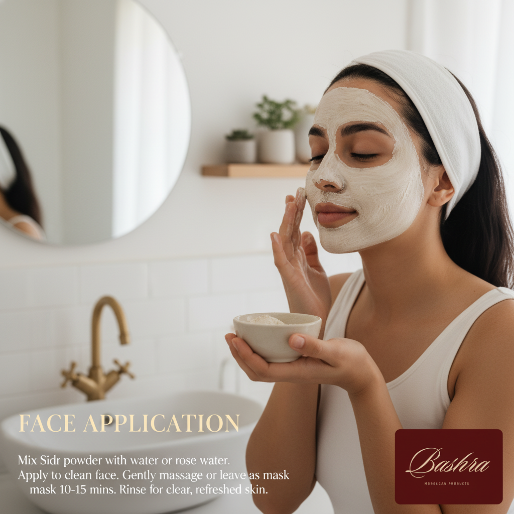 Face application of Bashra Sidr powder - gentle natural facial cleanser and mask for clear refreshed skin with rose water
