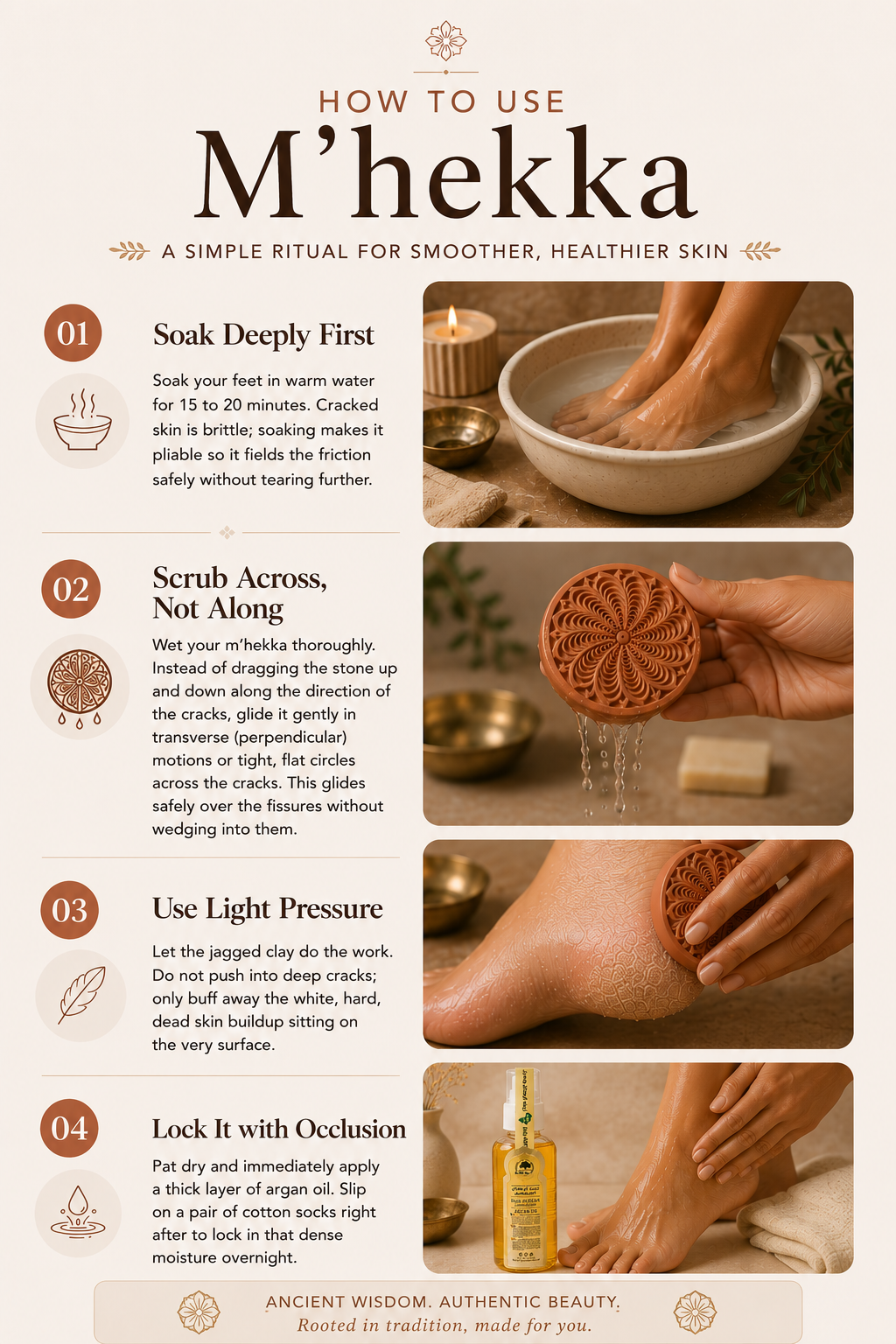 Step-by-step guide showing how to use the Moroccan M'hekka clay exfoliator by soaking feet, scrubbing gently, using light pressure, and finishing with argan oil for smooth, healthy skin.