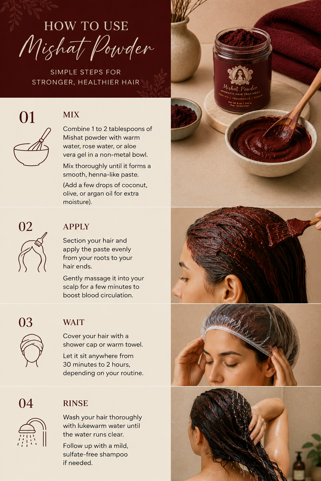 Step-by-step guide showing how to mix Mishat Powder into a smooth herbal paste, apply it to the hair and scalp, leave it to absorb, and rinse for a nourishing hair treatment.