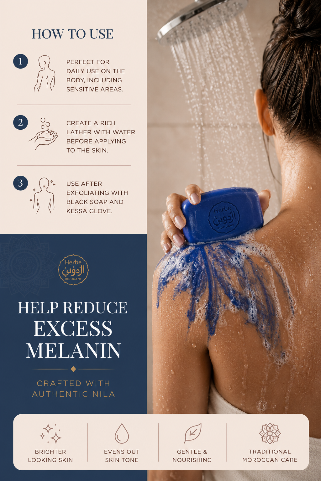 Step-by-step guide showing how to use Bashra Beauty Nila Soap Bar for cleansing, exfoliating, and achieving brighter, smoother skin.