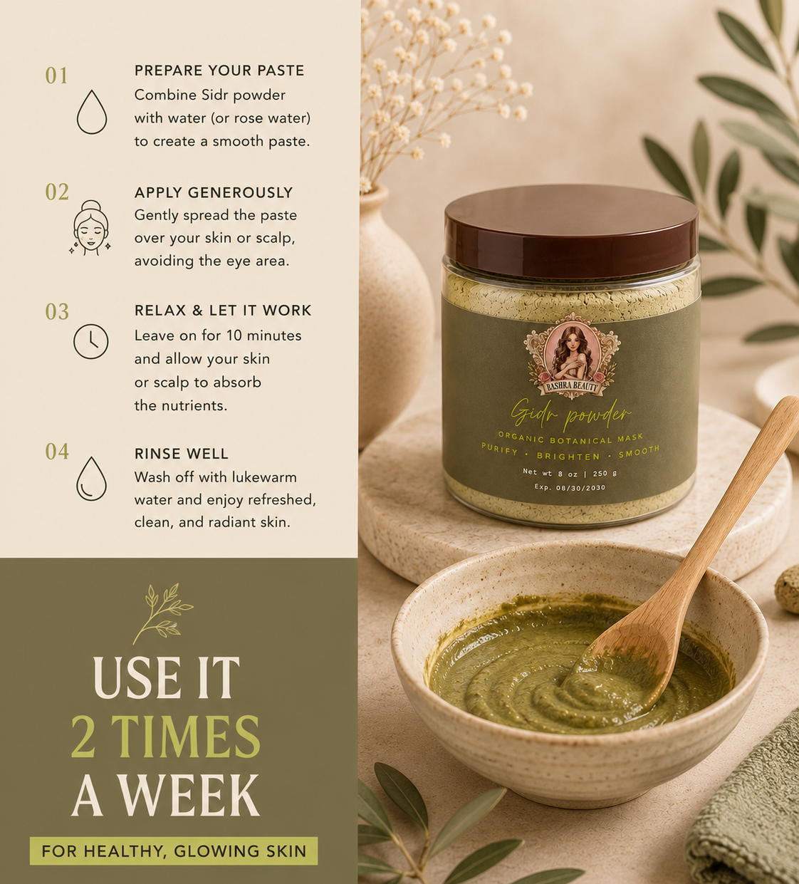 Step-by-step guide showing how to prepare and apply Bashra Beauty Sidr Powder as a natural face mask for glowing skin.